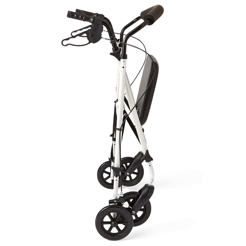 Rollator walker in white folded upright, showing black handles with hand brakes, padded seat, and four black wheels