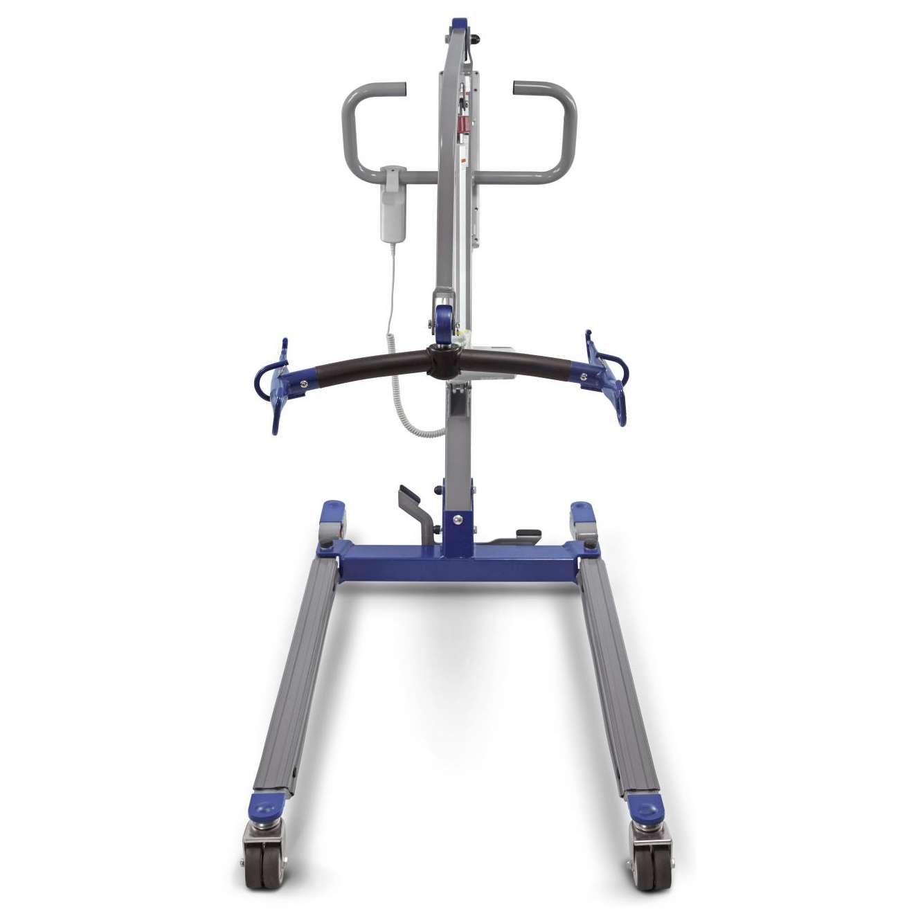 Electric patient lift with blue and gray steel frame, curved spreader bar, hand control, and wheeled base legs