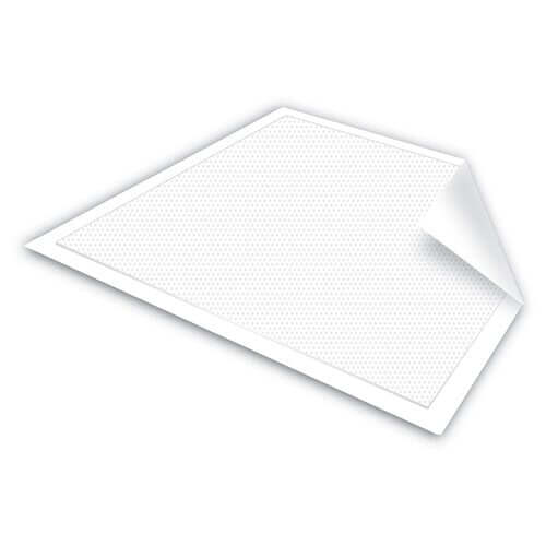 Disposable underpad shown flat at an angle, white with textured surface and folded corner, 24x36 inch breathable style
