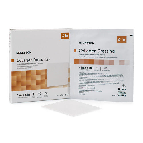 McKesson Collagen Dressing box of 10 beside individual sterile packet and white square dressing pad, 4x4 inch size shown