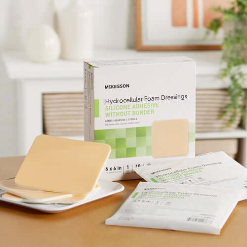 McKesson hydrocellular foam dressings box with individual sterile packets and a square borderless foam dressing displayed on