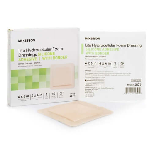McKesson Lite Hydrocellular Foam Dressing box and individual sterile packet with a sample dressing displayed in front