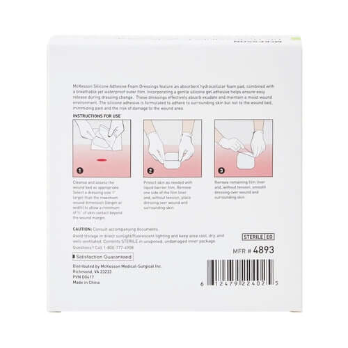 Silicone adhesive foam dressing box back showing usage instructions, product details, and barcode on white and green