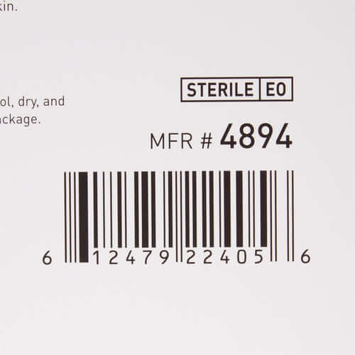 Foam dressing packaging back panel showing sterile EO label, manufacturer number 4894, and UPC barcode on white background
