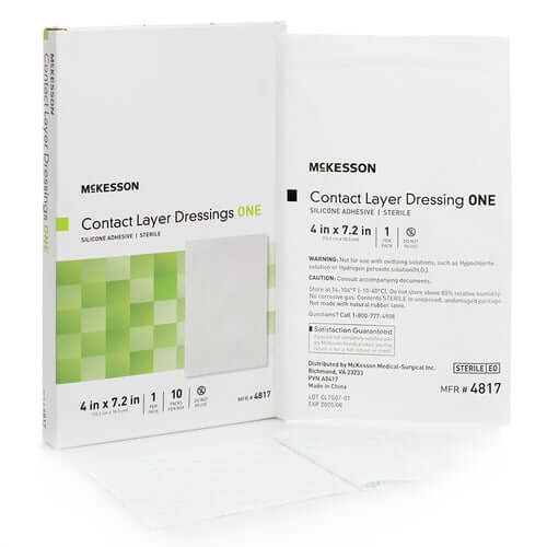 Contact layer wound dressing box and individual sterile packet, silicone adhesive, 4 x 7.2 inch size, 10 count