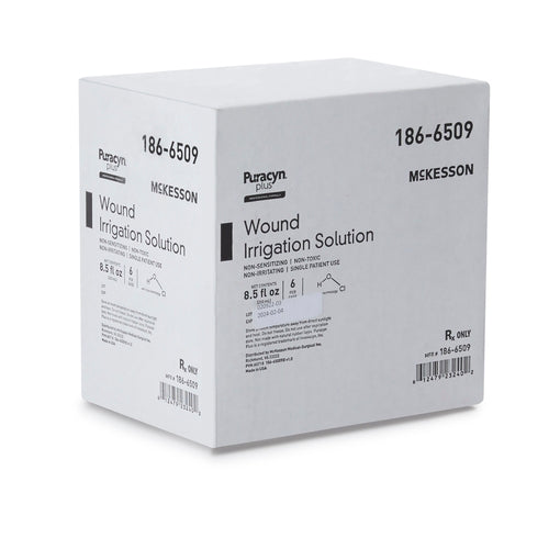 McKesson Puracyn Plus wound irrigation solution box, 8.5 fl oz, 6-count, white packaging with product details