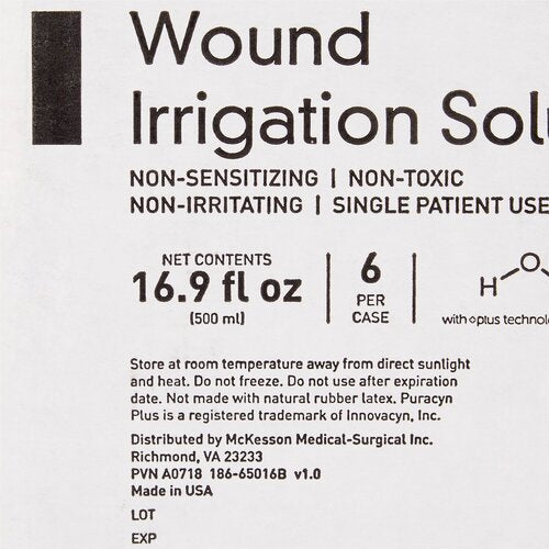 Wound irrigation solution label showing 16.9 fl oz (500 ml) size, non-sensitizing and non-irritating text, distributed by