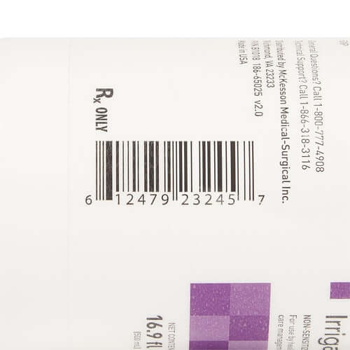 Wound cleanser product box corner showing Rx Only label, barcode, and McKesson Medical-Surgical branding on white packaging