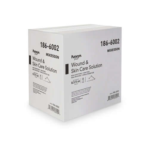 Wound and skin care solution bulk case box labeled McKesson Puracyn Plus, item 186-6002, containing 6 units of 8.5 fl oz