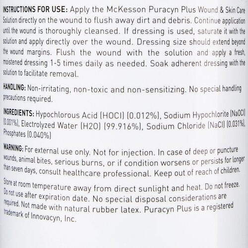Wound cleanser bottle back label showing instructions for use, ingredients, handling, and warning information