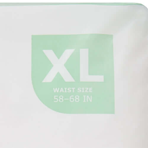 Adult absorbent underwear packaging close-up showing XL size label with waist size 58–68 inches printed in green and white