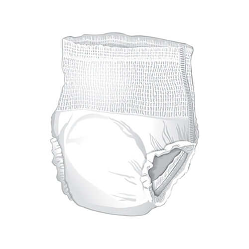 Adult pull-on absorbent underwear in white with mesh waistband and ruffled leg openings, shown from the back