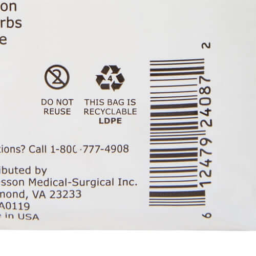 Incontinence brief packaging closeup showing barcode, recycling symbols, do not reuse icon, and distributor contact