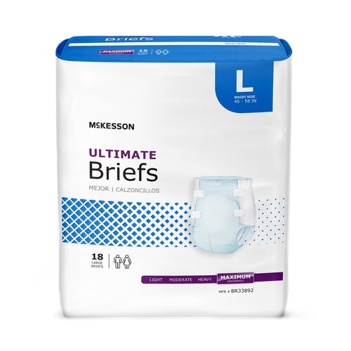 McKesson Ultimate Briefs incontinence brief package, Large size, 18 count, maximum absorbency, white with blue accents