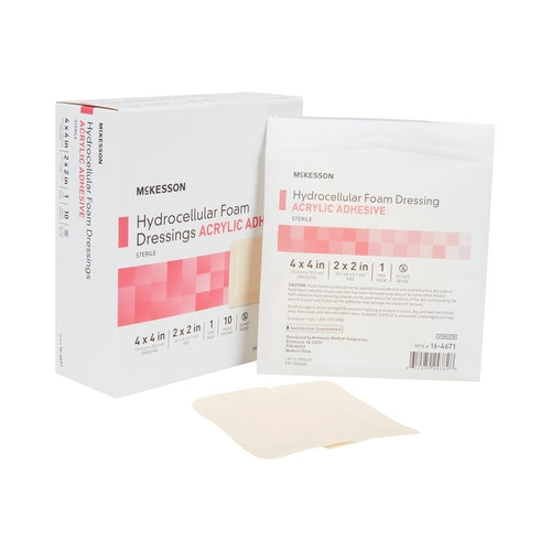McKesson hydrocellular foam dressing box and individual sterile packet with a square adhesive foam pad on white background