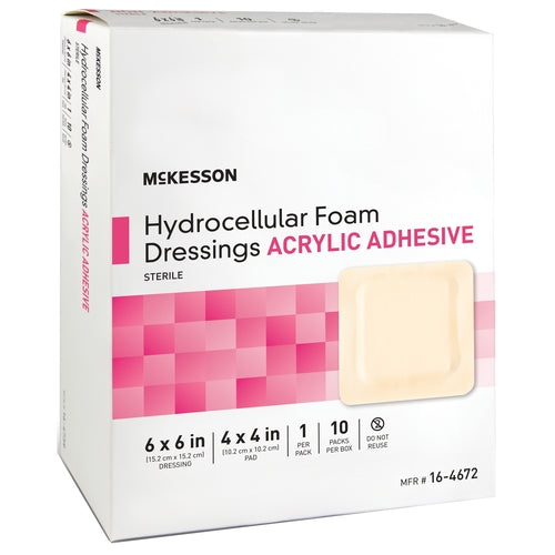 McKesson hydrocellular foam dressing box with acrylic adhesive, sterile, 6x6 inch, 10 packs shown with sample dressing pad