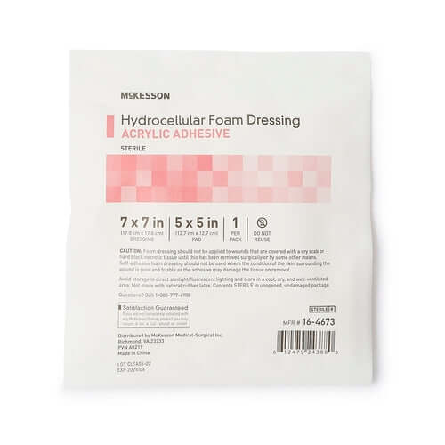 Hydrocellular foam dressing package with acrylic adhesive, sterile, 7x7 inch with 5x5 inch pad, single count