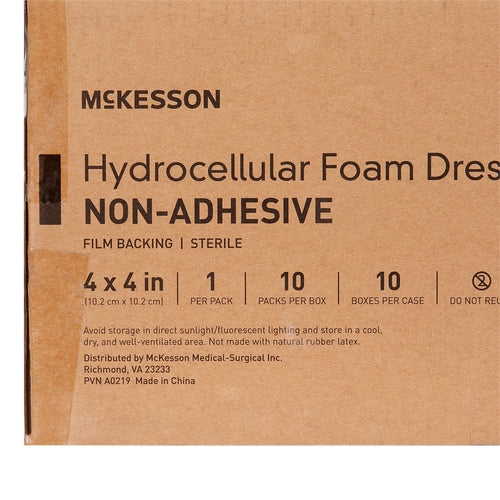 McKesson hydrocellular foam dressing box labeled non-adhesive, sterile, film backing, 4x4 inch, 10 packs per box