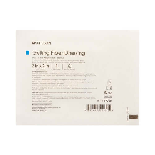 McKesson Gelling Fiber Dressing sterile square wound dressing in white packaging with product labeling