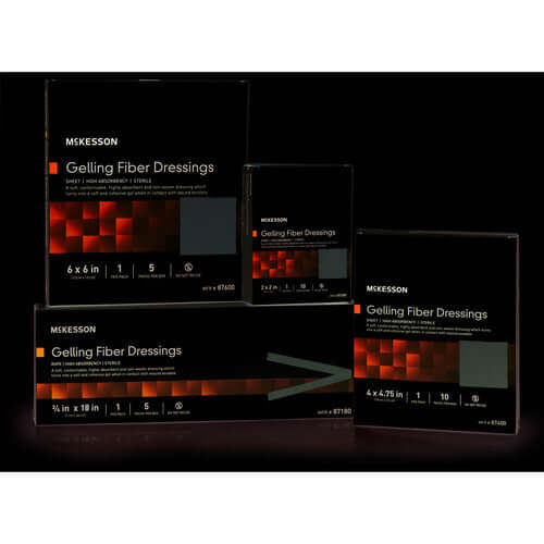 McKesson Gelling Fiber Dressings packaging in four sizes displayed together against a dark background