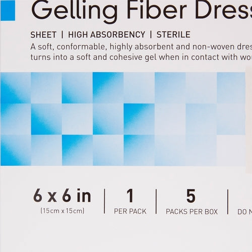 Gelling fiber wound dressing box label showing sheet details, 6x6 inch size, 1 per pack, 5 packs per box, sterile