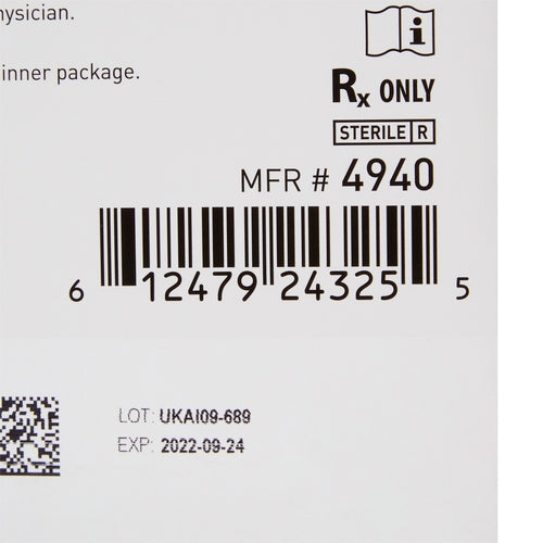Antibacterial foam dressing product label showing barcode, MFR number 4940, Rx Only, Sterile, and lot information