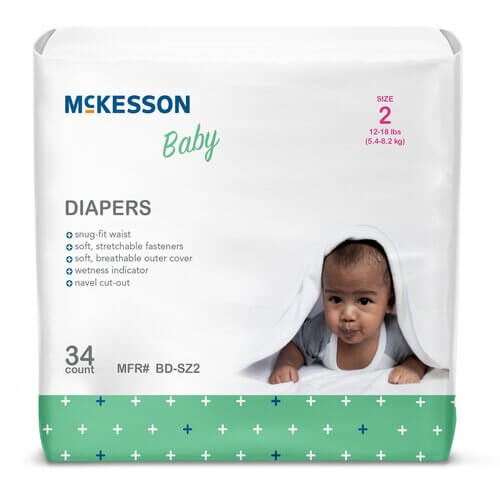 McKesson Baby Diapers Size 2 packaging, 34 count, with infant photo and green cross pattern at bottom