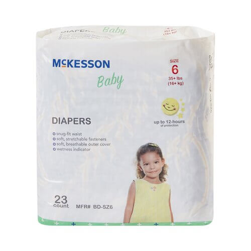 McKesson Baby Diapers Size 6 package, 23 count, featuring a toddler girl on white packaging with green accents