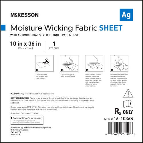 McKesson moisture wicking fabric sheet packaging, 10x36 inch with antimicrobial silver, showing usage instructions and
