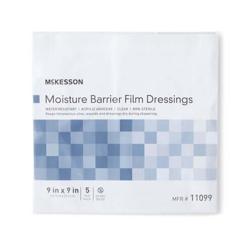 McKesson Moisture Barrier Film Dressings package, 9x9 inch, 5 per pack, white with blue mosaic tile design
