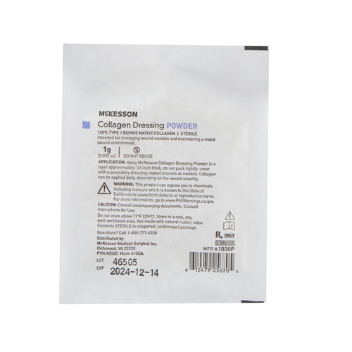 McKesson collagen dressing powder in a white sterile foil packet, 1 gram, with printed label and usage instructions