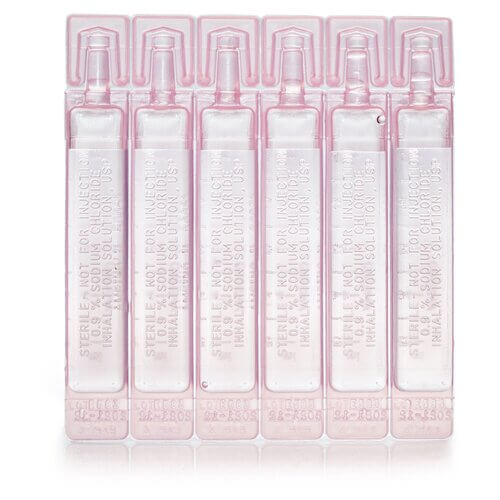 Six-pack of 0.9% sodium chloride inhalation solution unit dose vials in pink plastic packaging labeled sterile, not for