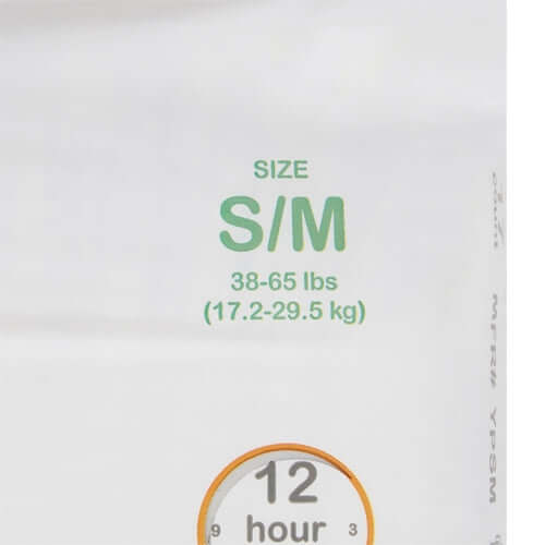 Disposable absorbent underwear size S/M label showing 38–65 lbs weight range and 12-hour protection indicator