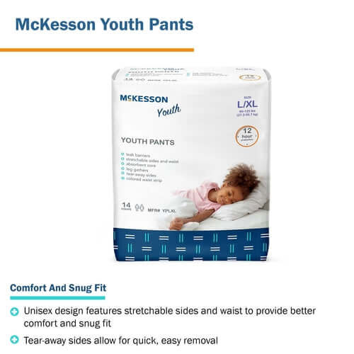 McKesson Youth Pants absorbent underwear package, size L/XL, 14 count, shown with sleeping child graphic on front
