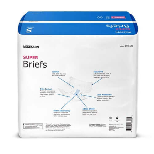 McKesson Super Briefs incontinence brief packaging, small size, showing product features diagram on white bag with blue