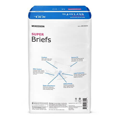 McKesson Super Briefs package, size XXL, white bag with blue header and feature callout diagram on front