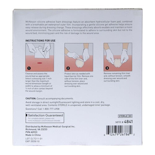 Foam wound dressing box back showing instructions for use with three illustrated application steps and product caution text