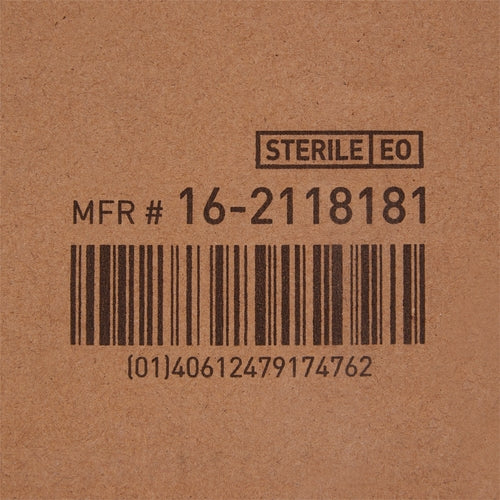 Sterile EO medical supply box showing manufacturer number 16-2118181 and barcode label on kraft cardboard packaging
