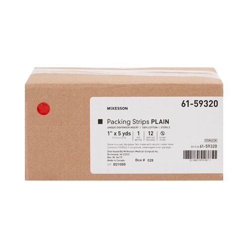 Packing strips plain sterile wound care product in a tan cardboard dispenser box labeled 1 inch x 5 yards