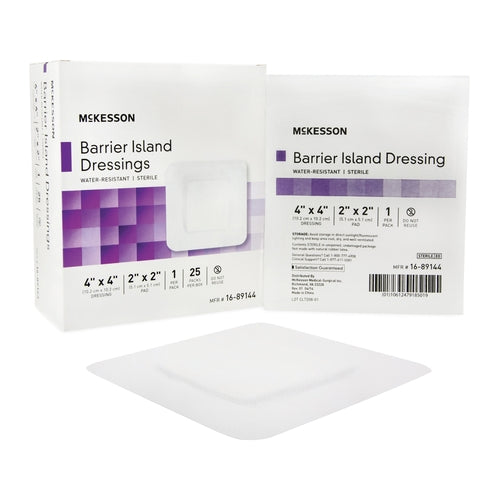 McKesson Barrier Island Dressings box of 25 beside a single sterile packet and a white square wound dressing pad