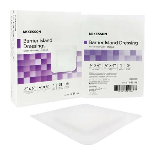 McKesson Barrier Island Dressing box of 25 beside a single sterile dressing packet, white packaging with purple accents