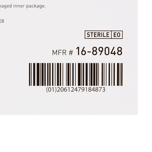 Island dressing package label showing sterile EO sterilization mark, manufacturer number 16-89048, and barcode