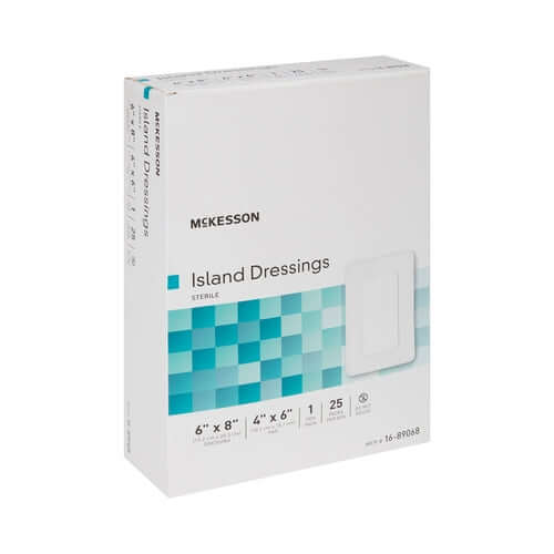 Island dressing box labeled McKesson, sterile, 6x8 inch size, count of 25, white packaging with teal geometric design