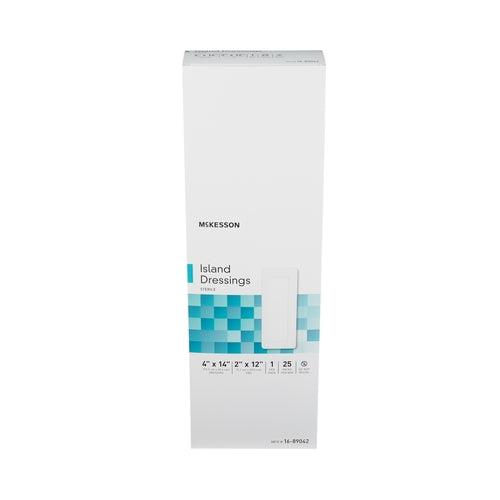 Island dressing box by McKesson, white with teal geometric design, labeled 4x14 inch sterile, box of 25