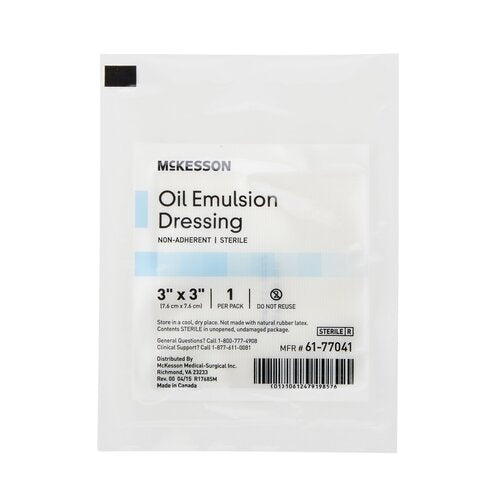 Oil emulsion impregnated dressing in sterile individual packaging, labeled non-adherent, 3x3 inch, one per pack