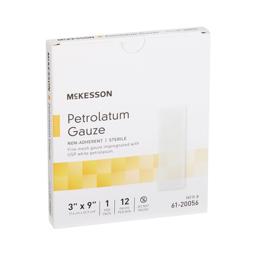 McKesson Petrolatum Gauze non-adherent sterile dressing in white box, 3x9 inch, 12 packs per box