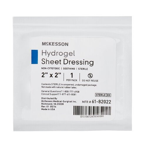 Hydrogel sheet wound dressing in sealed sterile packaging, 2x2 inch, single pack with product label and barcode visible