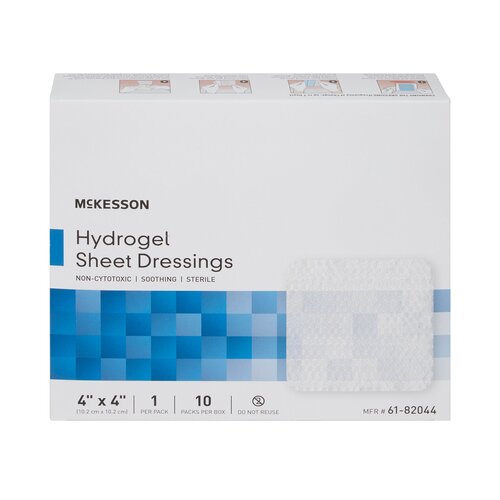 McKesson hydrogel sheet dressings box, 4x4 inch sterile wound dressings, white packaging with blue accents and sample