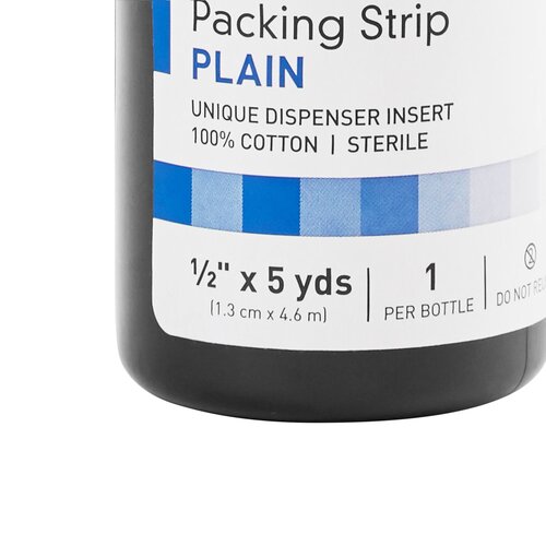 Wound packing strip bottle label showing plain, sterile, 100% cotton, 1/2 inch x 5 yards with unique dispenser insert
