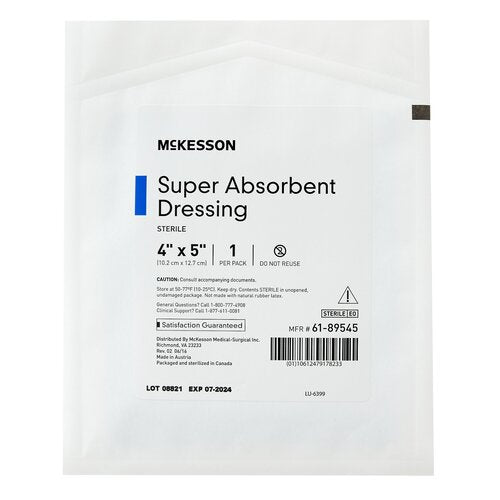 Super absorbent wound dressing in sterile white packaging labeled 4 x 5 inch, one per pack